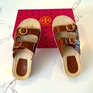 Tory Burch Brown Leather Selby Two-Band Espadrille Slide Sandal Used size 9.5